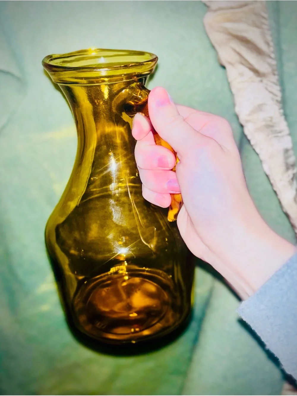 Vtg 1960s MCM Italian Amber Juice Glass Carafe Pitcher w/Open Handle